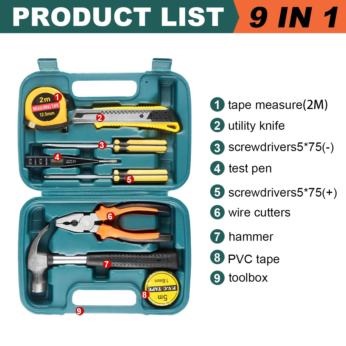 Household Hand Tools Set General House Hold Hand Tool Kit with Plastic Toolbox Storage Case Used to Car Repair and Home Repair