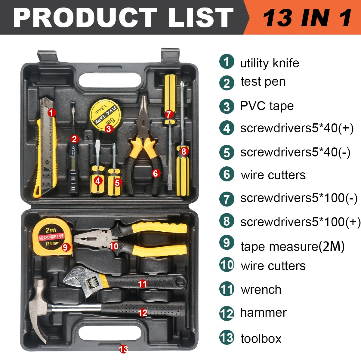 Household Hand Tools Set General House Hold Hand Tool Kit with Plastic Toolbox Storage Case Used to Car Repair and Home Repair