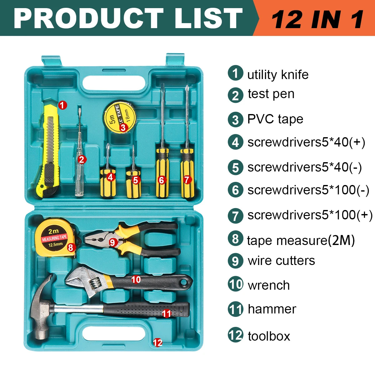 Household Hand Tools Set General House Hold Hand Tool Kit with Plastic Toolbox Storage Case Used to Car Repair and Home Repair