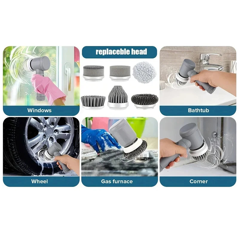 Household Multi functional Handheld Electric Cleaning Brush Dishwashing Brush Kitchen Household 6pcs/Set